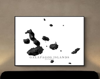 Galapagos Map of the Galapagos Islands Ecuador Wall Art Print Poster, 3D Topographic Terrain Monochrome Black and White Prints, Island Maps