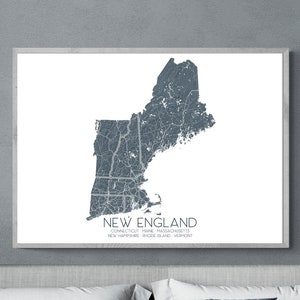 New England State Karte Wand Kunst Druck, Conneticut Maine Massachusetts New Hampshire Rhode Island Vermont USA regionale topographische Straßenkarten