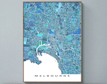 Melbourne City Map Print, Blue Green Turquoise Aqua Geometric Map of Melbourne Australia Street Wall Art Poster, Aussie Road Maps