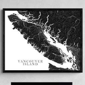 Art mural de l'île de Vancouver, carte de l'île de Vancouver, Colombie-Britannique, Canada, affiche, cartes routières topographiques noir et blanc, Victoria Nanaimo Tofino