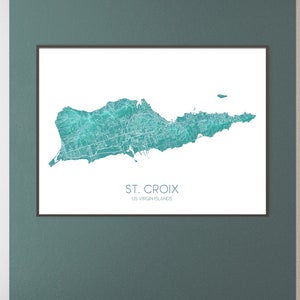 St Croix Map of St Croix USVI Print, Tropical Island of St Croix US Virgin Islands Wall Art Prints, Turquoise Landscape Saint Croix Maps image 1