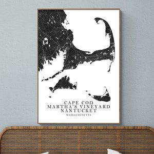 Cape Cod Map Print Poster, Nantucket Art Prints, Marthas Vineyard Island Maps, Schwarzweiße topografische Landschaftswandkunst, Massachusetts