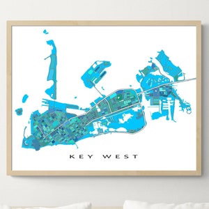 Impression d'affiche de Key West, carte des Keys de la Floride, impressions d'art mural, bleu vert Turquoise aqua coloré géométrique Keywest FL City Street estampes, États-Unis