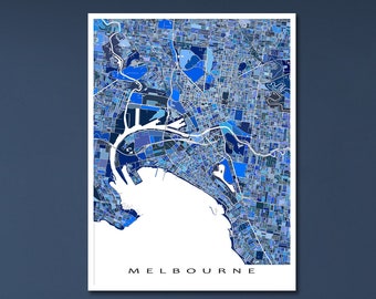 Melbourne Map Wall Art Print Poster, Blue Geometric Map of Melbourne Australia City Street Road Maps, South Pacific Oceania