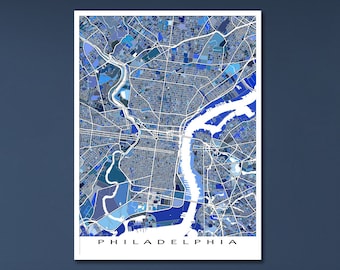 Philadelphia Map Print, Blue Philadelphia Wall Art Prints for Philadelphia Pennsylvania City Street Maps and Philadelphia Poster