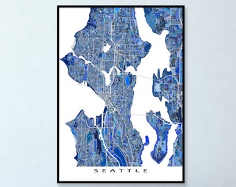 Seattle Map Prints, Seattle Wall Art Poster, Blue Geometric Seattle Print, Washington City Street Maps for Home Wall Decor
