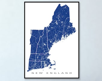 New England Landscape Wall Art and State Map with Connecticut, Maine, Massachusetts, New Hampshire, Rhode Island and Vermont States