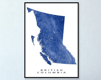 British Columbia Map Wall Art Print Poster, BC Province Map, Canada, Landscape Art Maps, Vancouver Victoria Kelowna