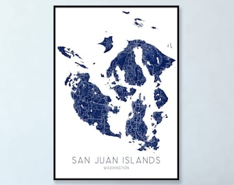 San Juan Islands Map of San Juan Islands Art Print, Topographic Blue San Juan Islands Print, Washington Maps