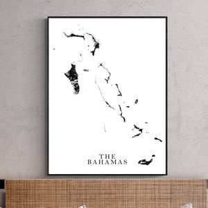 Impression d'art mural carte noir et blanc des îles Bahamas Abaco Castaway Cay Eleuthera Bimini Andros Exuma Nassau Grand Bahama Island Berry