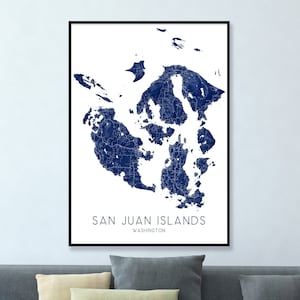 Carte des îles San Juan, impression d'art des îles San Juan, impression topographique bleu des îles San Juan, cartes de Washington