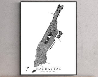 Manhattan Map Print Poster, Manhattan NYC Island Wall Art Prints, Black and White New York City Street Road Maps, Central Park, USA