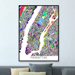 Affiche imprimée carte de Manhattan, cartes géométriques multicolores colorées des rues de la ville de New York, impressions d'art mural sur l'île de Manhattan à New York, Central Park