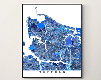 Norfolk Map Print and Blue Geometric Norfolk Virginia City Street Maps for Norfolk VA Map Art Poster and Travel Gifts