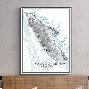 Affiche impression art ligne île de Vancouver, carte topographique de l'île de Vancouver, Colombie-Britannique, Canada, décor côtier, cartes du terrain, Victoria Tofino