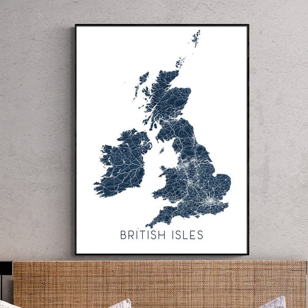 British Isles Map Wall Art Print Poster, 3D Topographic Country Maps, UK United Kingdom England Ireland Scotland Wales London Isle of Man