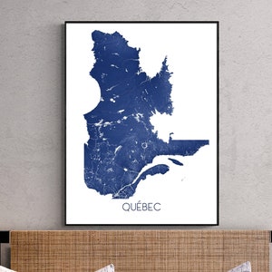 Impression d'art du Québec, carte du Québec du Québec, cartes routières topographiques des provinces du Canada, décoration murale du Québec, ville de Québec, Montréal