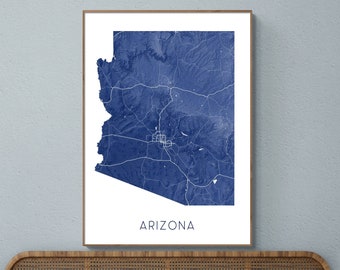 Arizona Map of Arizona Wall Art Print Poster, 3D Topographic Terrain AZ State Maps, Phoenix Mesa Tucson Flagstaff Grand Canyon
