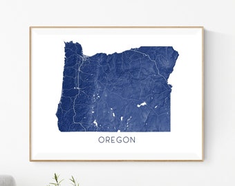 Oregon State Map Print Poster, Terrain Topographic Map of Oregon Wall Art Prints, OR Road Maps, USA Portand Salem