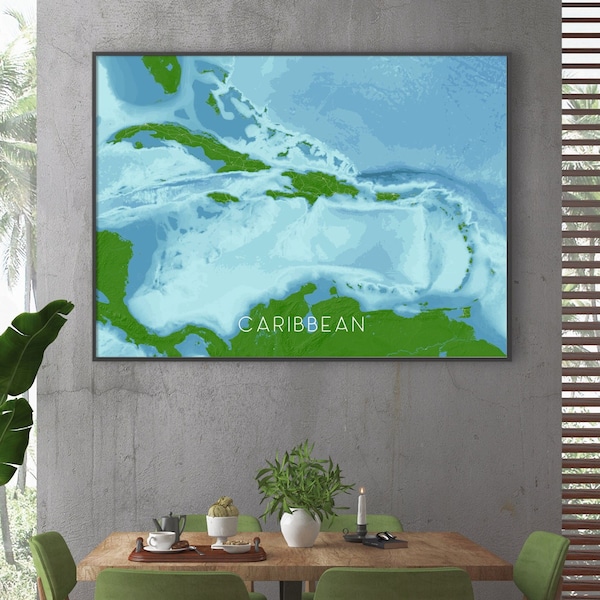 Caribische eilanden Wall Art Map Print met Blue Ocean Bathymetrisch ontwerp voor tropisch decor, Jamaica Amerikaanse Maagdeneilanden Dominicaanse Republiek