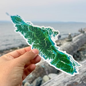Sticker en vinyle île de Vancouver, paysage topographique Van Isle BC Canada, Victoria Nanaimo Tofino Comox, stickers côte ouest