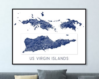 US Virgin Islands Map Print and USVI Map Island Poster for US Virgin Islands Print and Caribbean Art Prints Travel Gifts