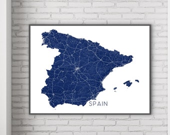 Spain Map of Spain Prints, Spain Print, Spain Wall Art for Home Wall Decor, Topographic Spain Travel Poster Country Maps with Roads