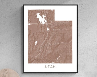 Utah State Map Wall Art Print Poster, Topographic Landscape UT Road Maps, Salt Lake City Provo Moab Bryce Arches Zion National Park