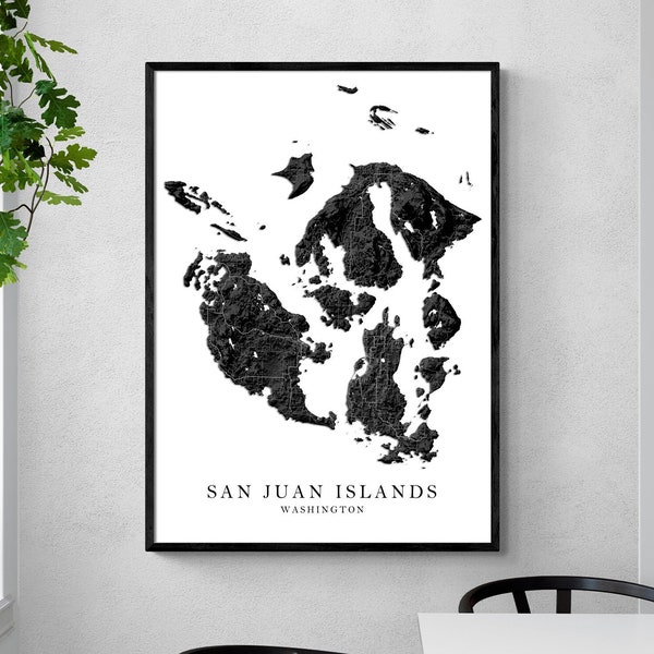 San Juan Islands Map Wall Art Print Poster, Black and White Topographic Maps Washington USA Friday Harbor Lopez Orcas Shaw San Juan Island