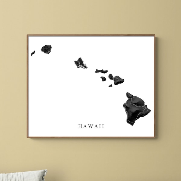 Hawaii Wall Art Print Poster, Black and White Topographic Hawaiian Art Decor, Hawaii Map Prints, Maui Oahu Kauai Molokai Lanai Big Island