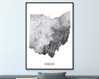 Ohio Wall Art Prints, Ohio Map of Ohio Art Print, Black and White Topographic Ohio State Decor, Ohio Decor, Columbus