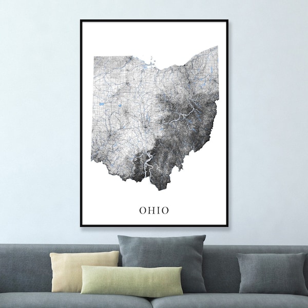 Ohio Wall Art Prints, Ohio Map of Ohio Art Print, Black and White Topographic Ohio State Decor, Ohio Decor, Columbus