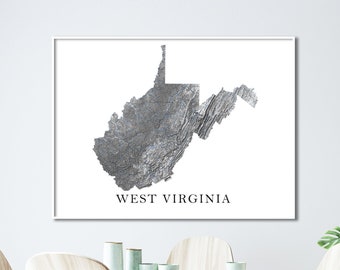 West Virginia Map of West Virginia Wall Art Print, Black and White Topographic West Virginia State Map Prints, WV Gifts