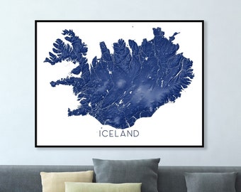 Iceland Map of Iceland Print, Iceland Art Print, Topographic Landscape Blue Iceland Poster Gift, Reykjavik