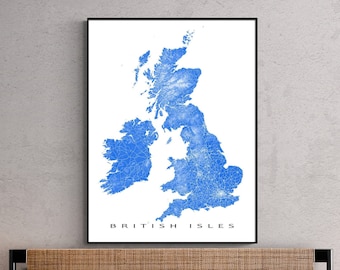 British Isles Map Art Print Poster, United Kingdom Map Prints, Ireland, Scotland, England, Great Britain, UK