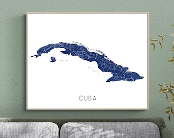 Cuba Map Print, Cuba Wall Art Poster, Map of Cuba Art Prints, Caribbean Island Cuban Travel Maps, Cuba Gifts for Home, Havana Cuba