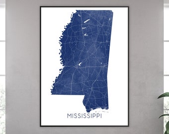 Mississippi Map Art Print, Mississippi State Map of Mississippi Road Map Poster, Blue MS State Maps for Wall Decor