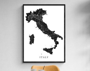 Italy Map Print, 3D Topographic Black and White Prints, Italian Map of Italy Poster, Rome Venice Naples Florence Milan Sicily Sardinia
