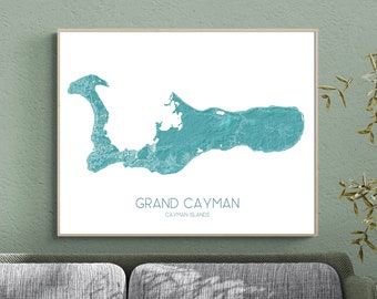 Grand Cayman Map Print, Tuquoise Aqua Topographic Cayman Islands Art Poster, Caribbean Maps for Travel Gifts