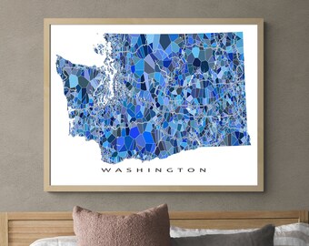 Washington State Map Art Prints and Blue Geometric Washington Map Print for Washington Wall Art Poster and WA State Maps