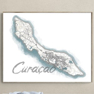 Curacao Island Map Wand Kunst Druck Poster mit Blauem Watercolor Design, Willemstad