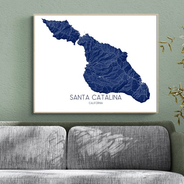 Impresión de mapas de arte de Santa Catalina con obras de arte de paisaje topográfico 3D, cartel de California de la isla Catalina, Avalon de dos puertos