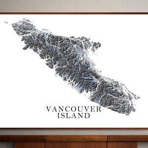 Impression de l'île de Vancouver, carte de l'île de Vancouver, impression d'art mural de l'île de Vancouver, carte topographique noir et blanc des montagnes de l'île de Vancouver