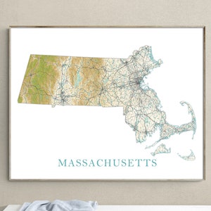Massachusetts Karte Kunstdruck Poster, Landschaftsgelände Straßenkarte für Haus Büro Wanddekor, Cape Cod Boston