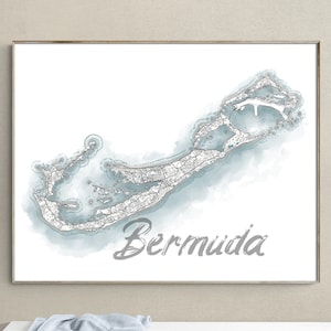 Bermuda Karte von Bermuda, Wand Kunst Druck Poster, Aquarell Style Design Küsten Dekor Contour Maps, Howlith