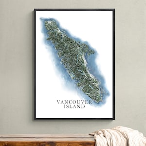Peut inclure: Une impression encadrée en noir d'une carte détaillée de l'île de Vancouver avec un effet aquarelle. Le texte "Vancouver Island" est imprimé sous la carte.