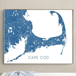 Cape Cod Karte Wand Kunst Druck Poster, Blaue topographische Karte von Cape Cod Halbinsel Massachusetts, Provinz Neu England Straße Straßenkarten