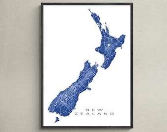 New Zealand Map Poster, Blue Geometric 3D Landscape Art Prints, New Zealand Print Maps, Wellington, Auckland