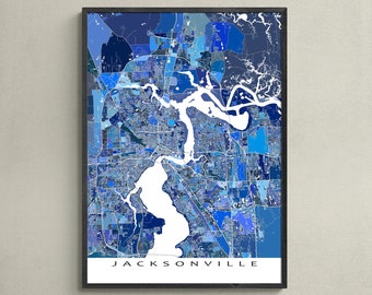 Jacksonville Florida City Map Print Poster, Blue Geometric Jacksonville FL Street Wall Art Prints, USA Road Maps