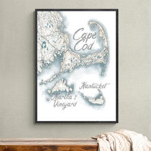 Cape Cod Aquarell Art Kontur Karte blass blau und beige Wand Kunst Druck mit Marthas Vineyard Nantucket Island, New England